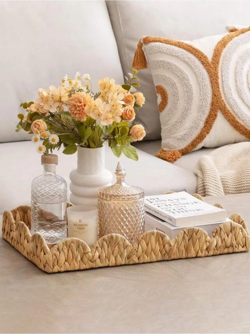 Boho Woven Decorative Tray Large Khaki Scalloped Edge Serving Tray